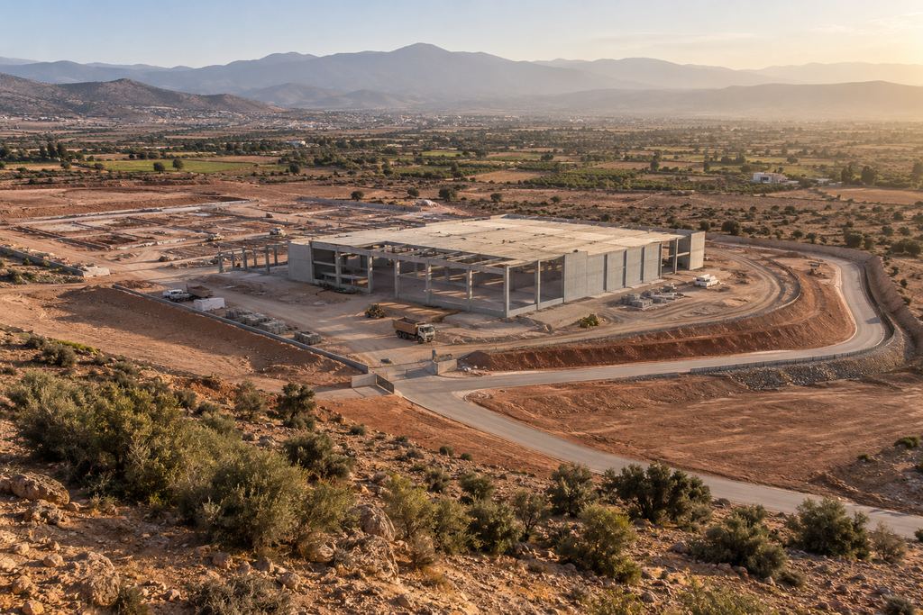 Vue aérienne illustrative d’un chantier industriel et de ses accès