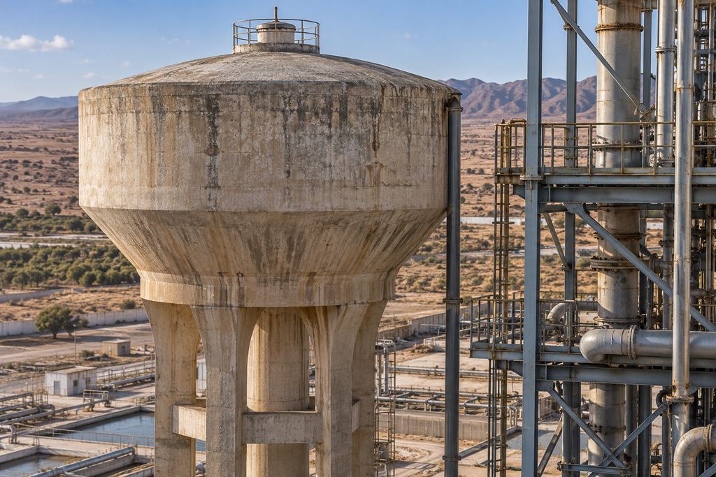 Vue aérienne d’un ouvrage en béton et de structures métalliques