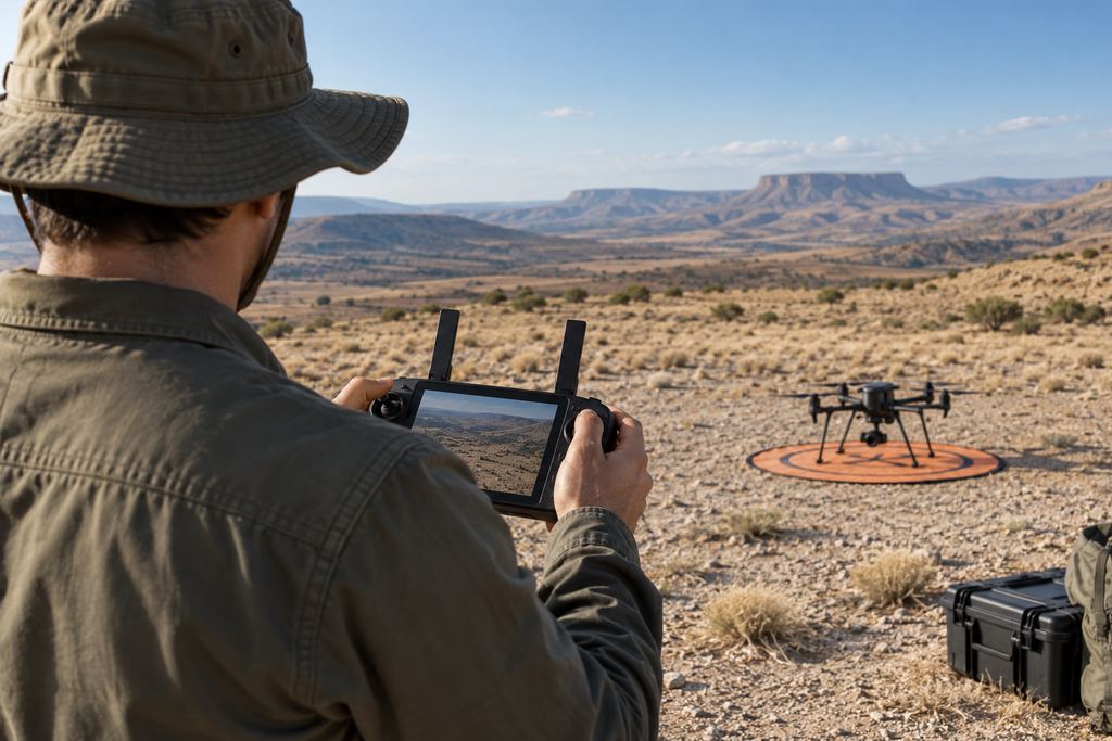 Préparation d’une mission avec contrôleur et drone au sol
