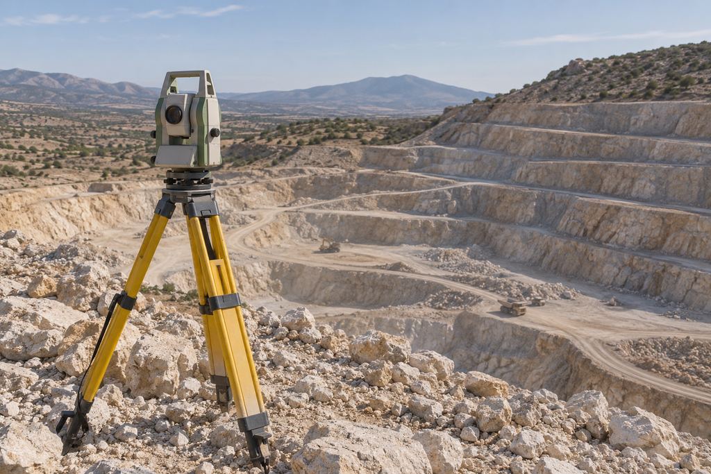 Instrument topographique devant les gradins d’une carrière