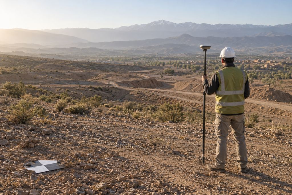 Illustration d’un levé terrain avec canne GNSS et point de contrôle