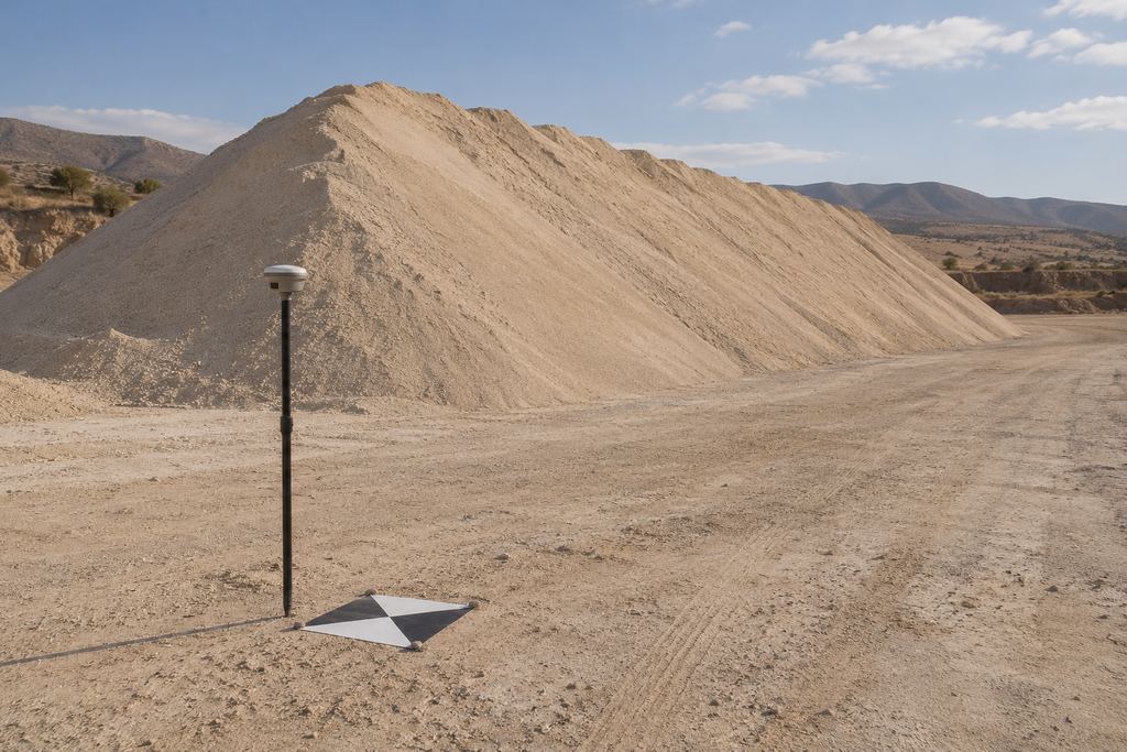 Stock de sable, cible au sol et canne GNSS