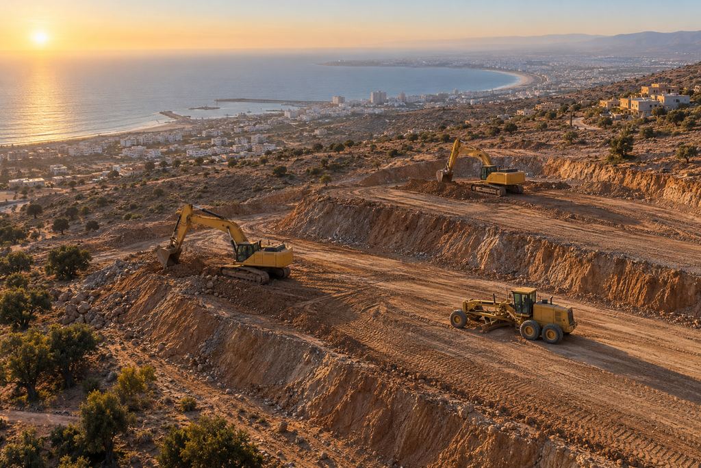 Drone en vol au-dessus d’un chantier de terrassement avec pelles et grues
