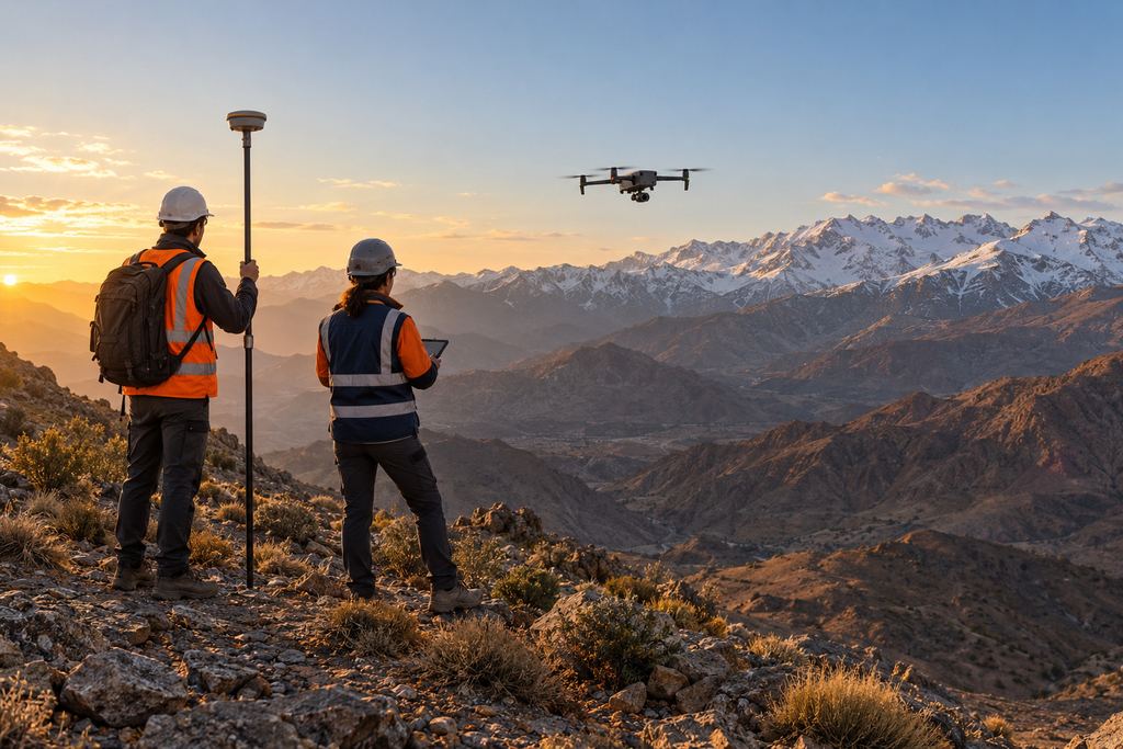 Deux techniciens avec une canne GNSS sur un relief montagneux, illustration